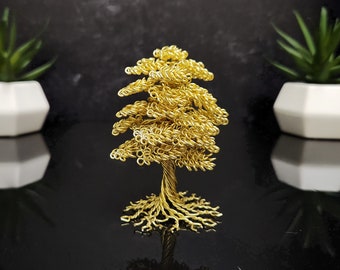 Sculpture en bonsaï d'arbre de vie en fil d'or, art d'arbre en fil de métal, arbre de vie bohème, décoration intérieure, 1er anniversaire, 50e anniversaire, cadeau en or