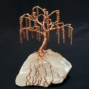 Weeping Willow Wire Tree Sculpture, Clear Quartz Base, Copper Color Chains