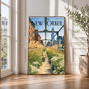 May include: A framed print of The New Yorker magazine cover dated June 14, 1993, featuring a detailed illustration of an elevated park walkway with tall grasses, white flowers, and a black bench under a metal structure with city buildings.