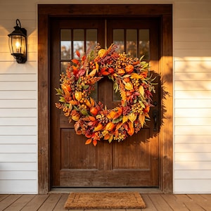 Peut inclure: Une couronne d'automne circulaire composée d'un arrangement dense de feuilles orange, rouges et jaunes, de petites baies et de cosses de physalis séchées. La couronne est fixée sur une porte en bois brun foncé avec des panneaux vitrés.