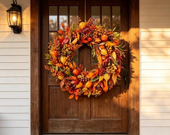 Orange Fall Wreath for Front Door, Lantern Pod Autumn Decor, Rustic Harvest Wall Hanging, Farmhouse Seasonal Home Accent