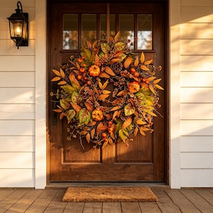 May include: A circular autumn wreath featuring orange pumpkins, brown pinecones, and a mix of green, yellow, and orange foliage. The wreath is mounted on a dark brown wooden door with glass panels, positioned next to a black outdoor wall lantern.