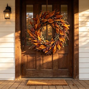May include: A circular wreath featuring orange, brown, and yellow autumn leaves with small purple berries, mounted on a dark brown wooden door with glass panels. A black metal lantern is attached to the white siding wall next to the door.