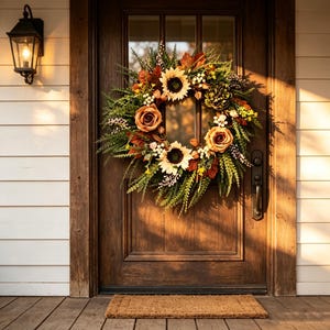 May include: A circular wreath featuring artificial sunflowers, orange roses, green foliage, and small white berries. The wreath is mounted on a dark brown wooden door with a glass panel, positioned below a black wall-mounted lantern on white siding.