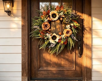 Corona otoñal para la puerta principal, arreglo de girasoles, rosas y follaje otoñal, decoración acogedora de cosecha, decoración de temporada para el hogar en Acción de Gracias.