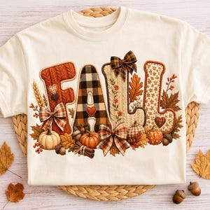 Fall Patchwork Letters PNG, Cozy Autumn Fall Sublimation Design, Pumpkin Plaid Fall Word PNG for T-Shirt, Mug, Thanksgiving Decor PNG