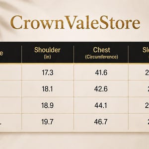 Op de afbeelding: Een maattabel voor CrownValeStore met een zwart en cr&egrave;mekleurig overzicht. De kolommen tonen maat, schouder in inches, borstomtrek in inches en mouwlengte in inches. De rijen bevatten de afmetingen voor de maten S, M, L en XL in een tabel.