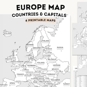 Mapa de Europa para imprimir, países y capitales, ficha de geografía, actividad para educación en casa, descarga digital en formato A4 y A3.