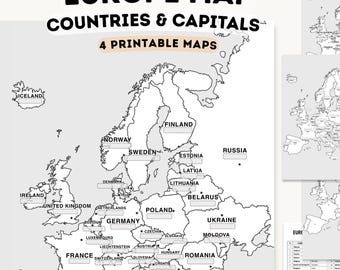 Europe Map Printable, Countries & Capitals, Geography Worksheet, Homeschool Activity, A4 A3 Digital Download
