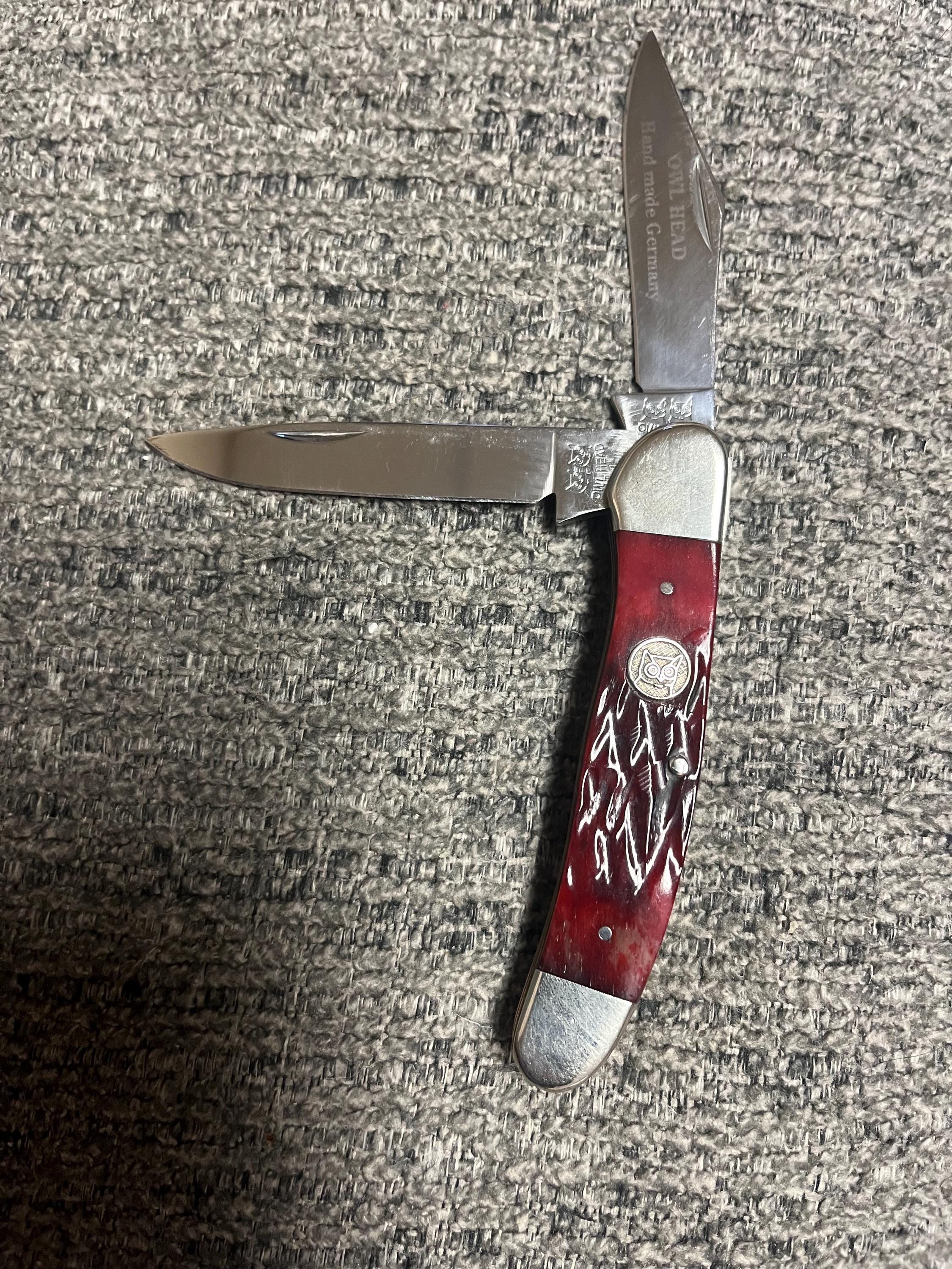Rare Buck Creek Owl Head Pocket Knife: Handmade German Redbone