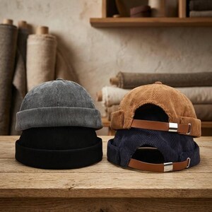 Peut inclure: Un ensemble de quatre bonnets sans bord en velours côtelé. Deux bonnets sont empilés à gauche en gris et noir, tandis que deux sont empilés à droite en beige et bleu marine, avec des lanières réglables en similicuir marron et boucles argentées.