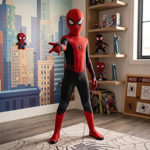 Könnte beinhalten: Ein Ganzkörper-Spider-Man-Kostüm in Rot und Schwarz mit einem Spinnenemblem auf der Brust. Der Anzug umfasst eine passende Vollmaske mit großen weißen Augenlinsen, langen Ärmeln und integrierten Stiefelüberzügen aus einem eng anliegenden Stoff.