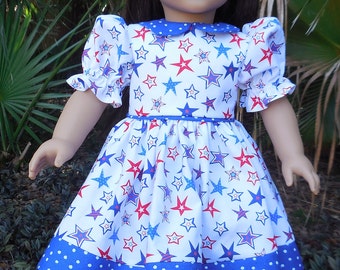 4th of July dress, white with red and blue stars, made for American Girl and similar 18 inch dolls.