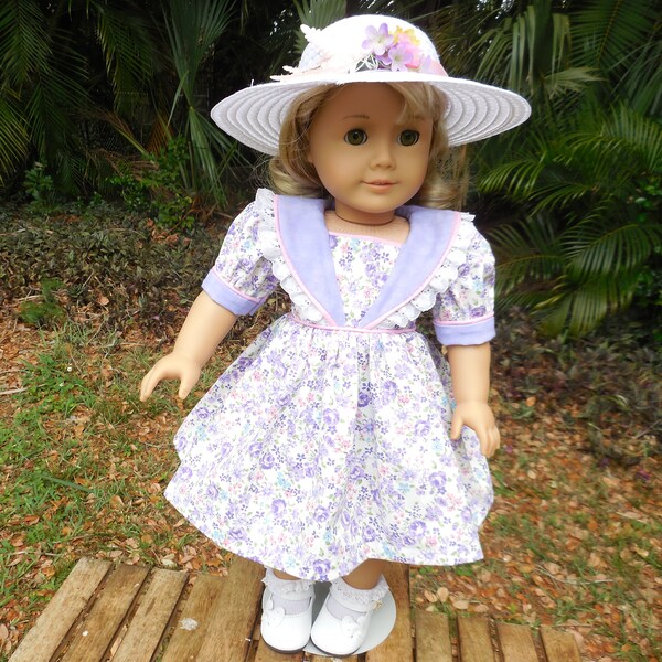 Summer dress or maybe an Easter dress with lavender flowers and a hat made for American Girl and other similar 18 inch dolls.