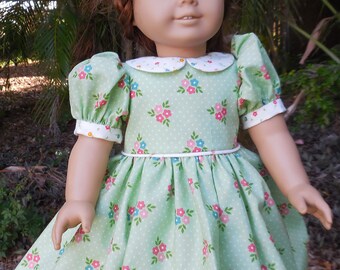 Green dress with flowers made for American Girl and similar 18 inch dolls.