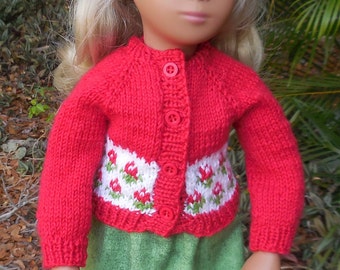 Hand knitted, wool, red sweater outfit made to fit Sasha and similar 16" dolls.