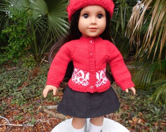 Hand knitted red sweater with a heart border and a black A-line skirt made for American Girl and other similar 18 inch dolls.