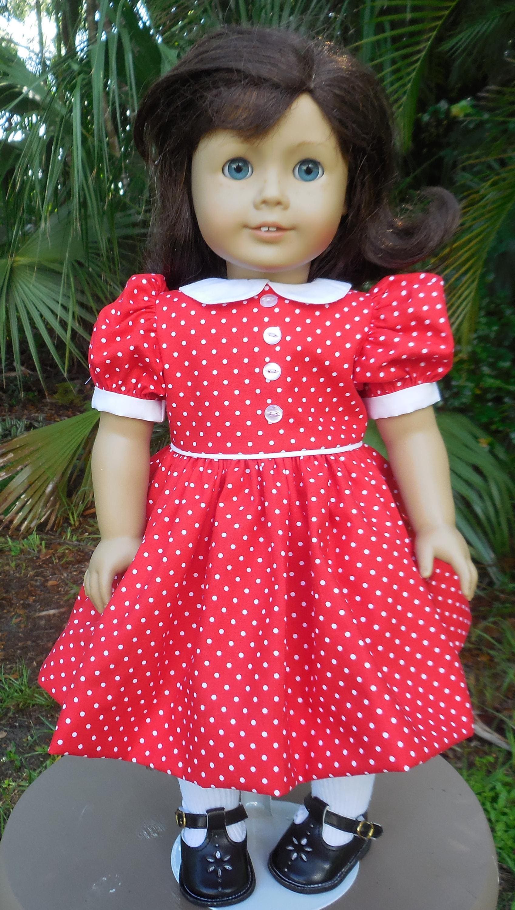 strapless open back dress Vintage Inspired High Neck Line Three Quarter Sleeve Red Polka Dot Below  the Knee Length Dress | 1930s & 1940s Style main image 1