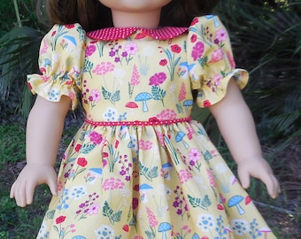Yellow dress with flowers and mushrooms made for 18 inch American Girl doll