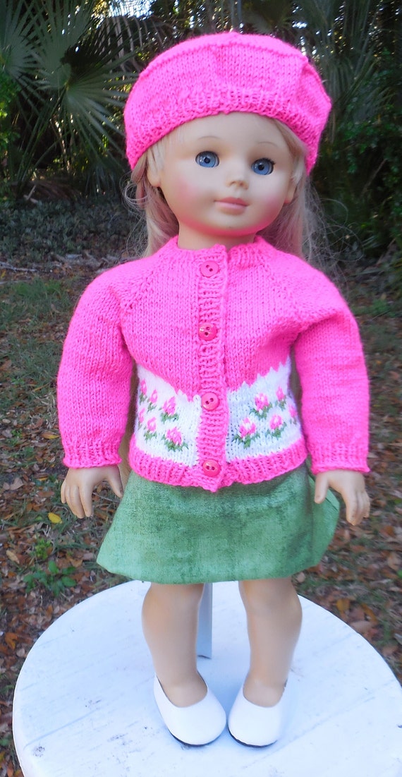 Hand Knitted Pink Sweater, Beret, Green cotton Skirt - Fits 18" American Girl Dolls