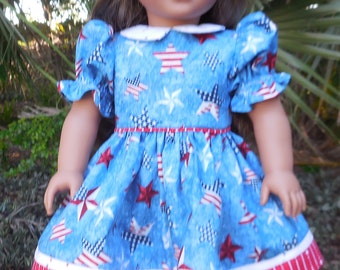 4th of July dress, blue with red, white and blue stars made for American Girl and similar 18 inch dolls