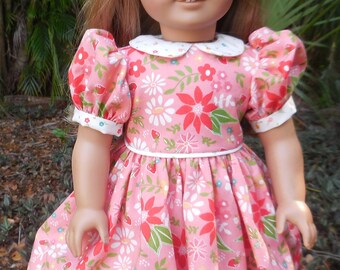 Pink dress with flowers made for American Girl and similar 18 inch dolls.