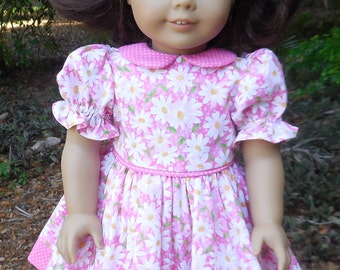 Pink dress with daisies made for American Girl and similar 18 inch dolls.