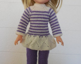 Hand knitted, lavender and white outfit that fits Wellie Wishers and other similar 14 to 15 inch dolls