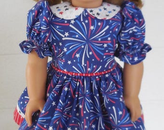 4th of July dress, dark blue with red, blue and white fireworks, made for American Girl