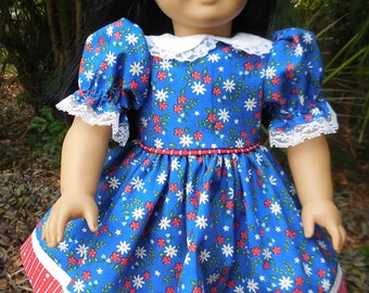 4th of July dress, blue with red and white flowers, made for American Girl and similar 18 inch dolls.