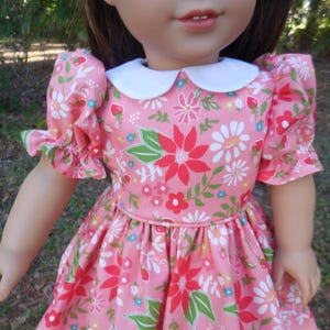 May include: A pink doll dress with a white collar and short, ruffled sleeves. The dress is patterned with red, white, and pink flowers, green leaves, and small strawberries. The dress is designed for a doll.
