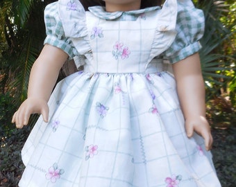 Green dress with beige pinafore Made for American Girl and similar 18 inch dolls.