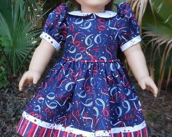 4th of July dress, dark blue with  red and white confetti,  made for American Girl and similar 18 inch dolls.