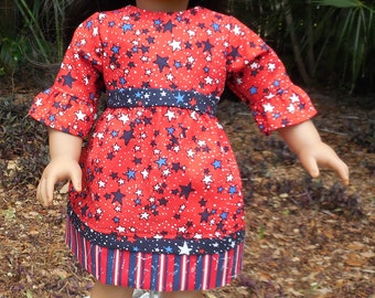 July 4th dress, red with white and blue stars and blue trim made to fit American Girl and similar 18 inch dolls.