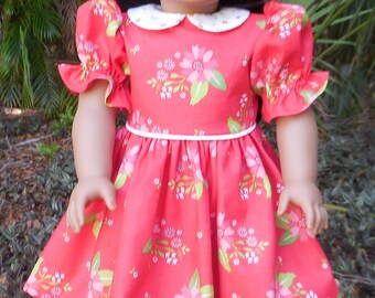 Red summer dress with flowers made for American Girl and similar 18 inch dolls.