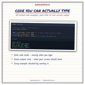 K&ouml;nnte beinhalten: Ein wei&szlig;es Dokument mit blauen Linien und der &Uuml;berschrift CODE YOU CAN ACTUALLY TYPE. Es zeigt ein dunkles Code-Editor-Fenster mit Python-Syntax und Konsolenausgabe. Darunter befinden sich drei Aufz&auml;hlungspunkte zu Code-Karten und Ausgaben.