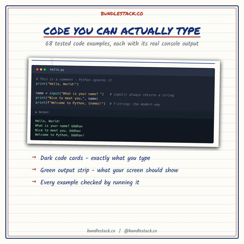 K&ouml;nnte beinhalten: Ein wei&szlig;es Dokument mit blauen Linien und der &Uuml;berschrift CODE YOU CAN ACTUALLY TYPE. Es zeigt ein dunkles Code-Editor-Fenster mit Python-Syntax und Konsolenausgabe. Darunter befinden sich drei Aufz&auml;hlungspunkte zu Code-Karten und Ausgaben.