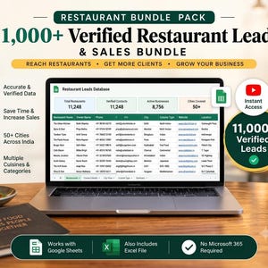 Puede incluir: Un portátil que muestra una hoja de cálculo titulada Restaurant Leads Database con columnas para nombre del restaurante, propietario, teléfono, correo electrónico, ciudad, cocina y sitio web. La pantalla muestra 11.248 restaurantes en total.