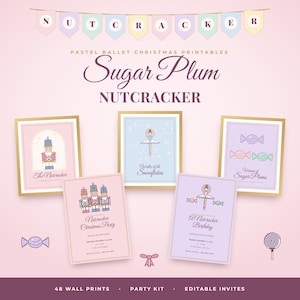 Pastel Nutcracker Ballet Christmas Printables Bundle, Editable Invites, Party Kit (Digital Download)