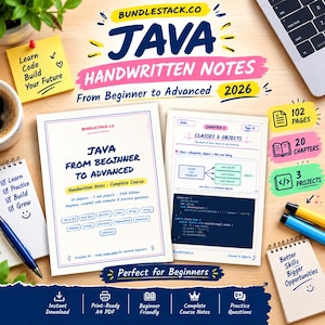 May include: A set of Java handwritten study notes titled Java From Beginner to Advanced 2026, featuring 102 pages, 20 chapters, and 3 projects. The materials include diagrams, code examples, and practice questions in a printable A4 PDF format.