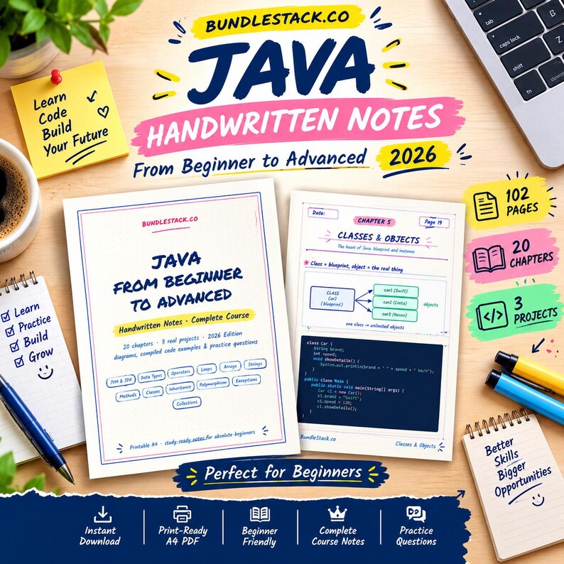 Może przedstawiać: Zestaw odręcznych notatek do nauki języka Java pod tytułem Java From Beginner to Advanced 2026, zawierający 102 strony, 20 rozdział&oacute;w i 3 projekty. Materiały obejmują diagramy, przykłady kodu i pytania ćwiczeniowe w formacie PDF A4 do druku.