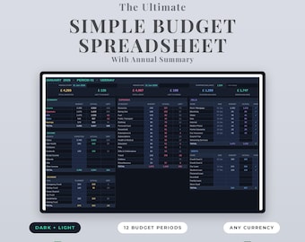 Budgetkalkylblad för Google Sheets och Excel, mörkt och ljust läge, lönecheck eller månadsbudgetplanerare mall