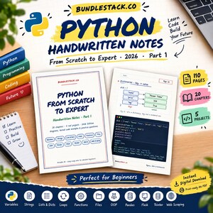 Python Handwritten Notes PDF, 110 Page Beginner Study Guide, Code Examples Diagrams Practice Questions, Printable A4 Coding Notes
