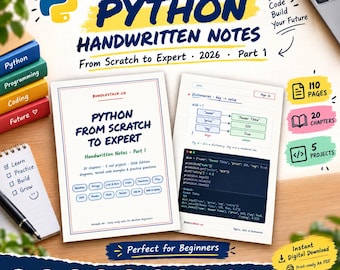 Python handskrivna anteckningar i PDF-format, 110-sidig studieguide för nybörjare, kodexempel, diagram, övningsfrågor, utskrivbara A4-kodningsanteckningar