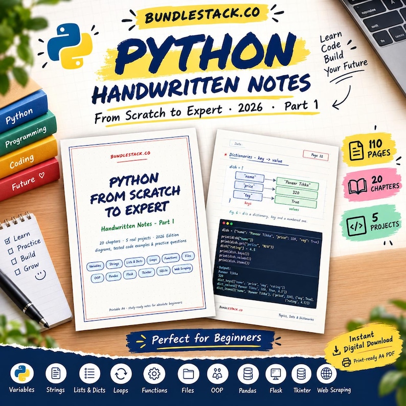K&ouml;nnte beinhalten: Ein digitaler Studienf&uuml;hrer mit dem Titel Python Handwritten Notes From Scratch to Expert 2026 Part 1, der zwei offene Seiten mit Codebeispielen, Diagrammen und Text zeigt. Das Set umfasst 110 Seiten, 20 Kapitel und 5 Projekte im druckbaren A4-PDF-Format.