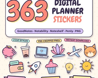 363 digitale Planer-Sticker | GoodNotes-Stickerpaket (vorgeschnittene PNG-Dateien) | Pastellfarbene Kawaii-Sticker für iPad | Washi-Tape-, Datums- und Wortetiketten