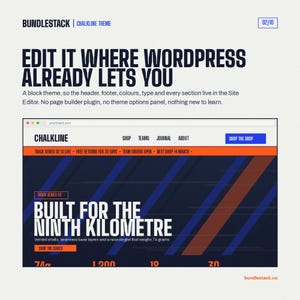Op de afbeelding: Een digitale afbeelding met het BUNDLESTACK CHALKLINE THEMA. De tekst luidt: EDIT IT WHERE WORDPRESS ALREADY LETS YOU. Een blokthema, dus de koptekst, voettekst, kleuren, lettertype en elke sectie bevinden zich in de Site Editor.