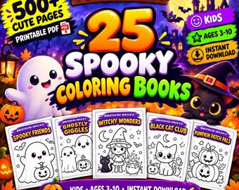 25 Halloween-målarböcker för barn, 500+ utskrivbara målarbilder i PDF-format, sidor med söta, läskiga spöken, pumpor och häxor, festaktivitet för klassrummet