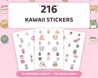 216 kawaii-klistermärken, pastellfärgade digitala planeringsklistermärken (direkt nedladdning)