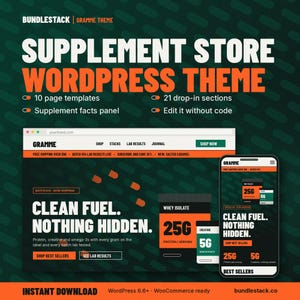 Tema Gramme para WordPress / Tienda de suplementos y proteínas / Tema de bloques / Edición completa del sitio / Descarga instantánea